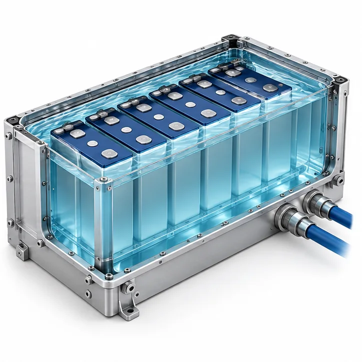 Randare conceptuală a unui modul de baterii scufundat în fluid dielectric